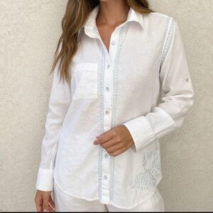 Subtle Luxury Embroidered Coastal Cotton Button Down Shirt